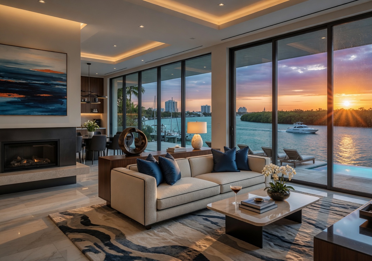 Interior of a high-end waterfront home in Bonita Springs with floor-to-ceiling windows opening to a spectacular river view modern furnishings 8K resolution