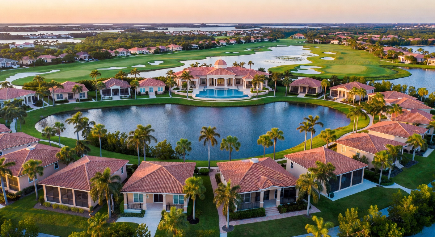 Aerial view of a master-planned gated community in Southwest Florida showing villas, lakes, and amenities, drone perspective, ultra-realistic 8K