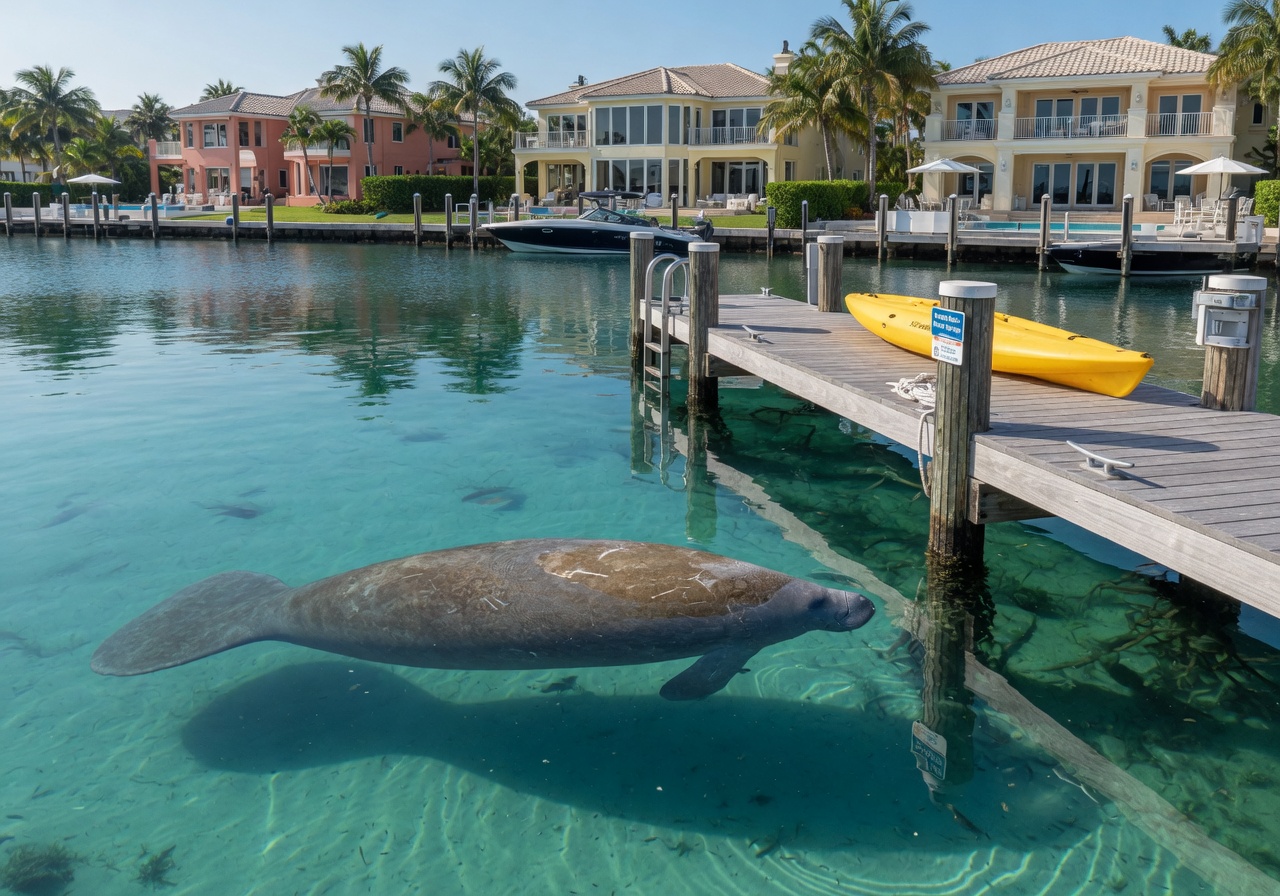 Manatee swimming near a waterfront dock in Bonita Springs Florida with luxury homes in background crystal clear water ultra-realistic nature photography in 8K