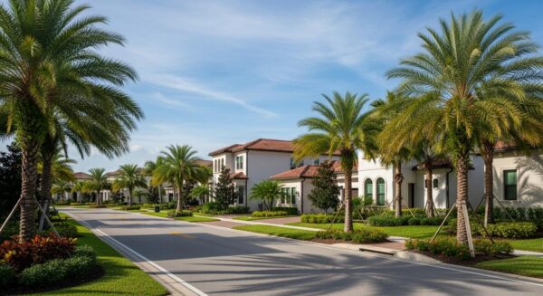 Aerial perspective of Valencia Trails 55+ community in North Naples showing sparkling resort pool, expansive clubhouse, tennis courts, and rows of luxury homes nestled among lakes and preserve areas, bright sunny day, photorealistic 8K drone photography