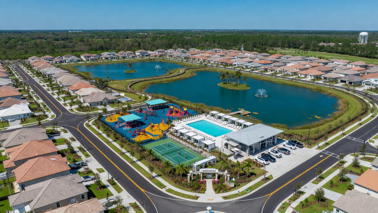Aerial perspective of Neal Communities new construction neighborhood in Estero Florida showing street layout, lakes, playgrounds and community amenities during clear blue sky day, 8K detail