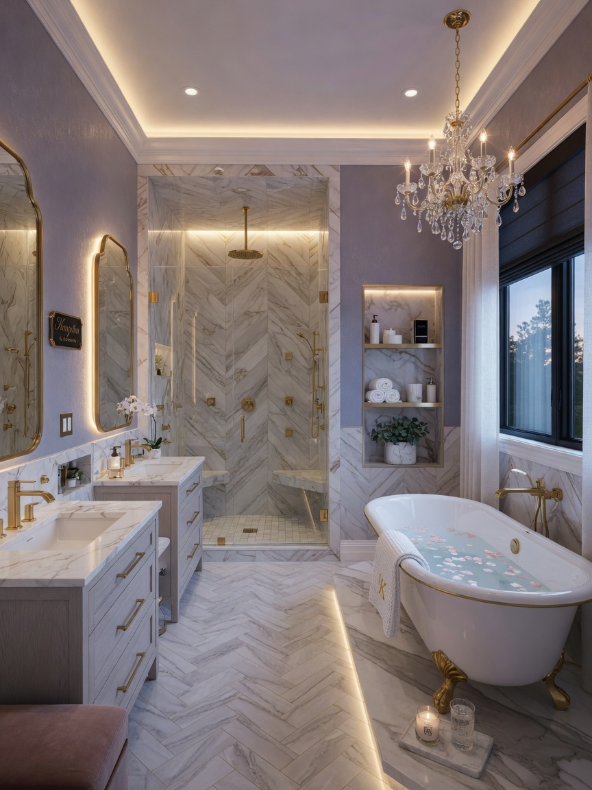 Elegant master bathroom in a new Kingston by Lennar home featuring freestanding soaking tub, dual vanities, walk-in shower with marble tiles, ultra-luxurious 8K realistic rendering