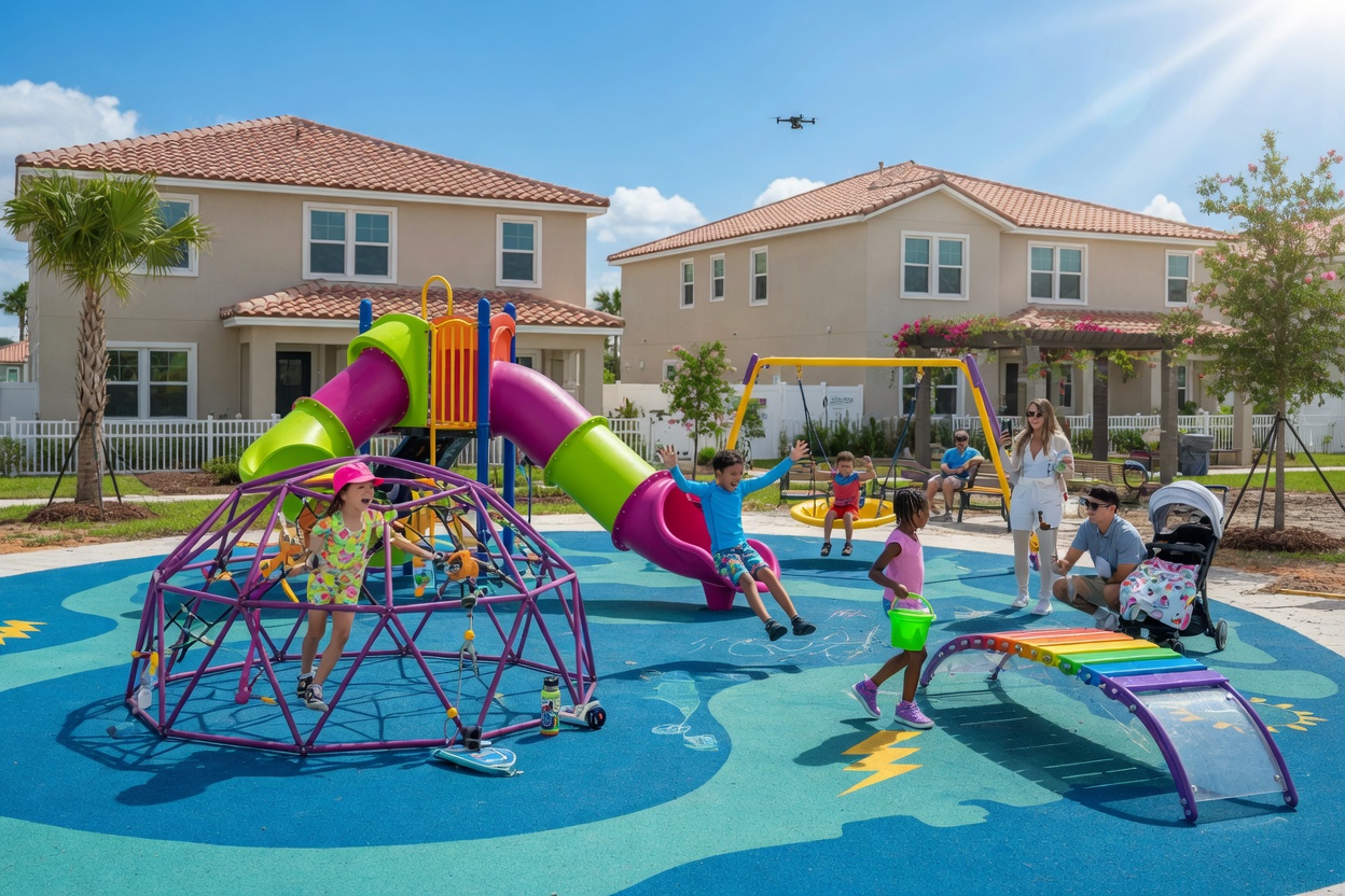 Children playing at a modern playground in an Estero new construction community with safety surfacing, colorful equipment and parents watching nearby, bright sunny day 8K image