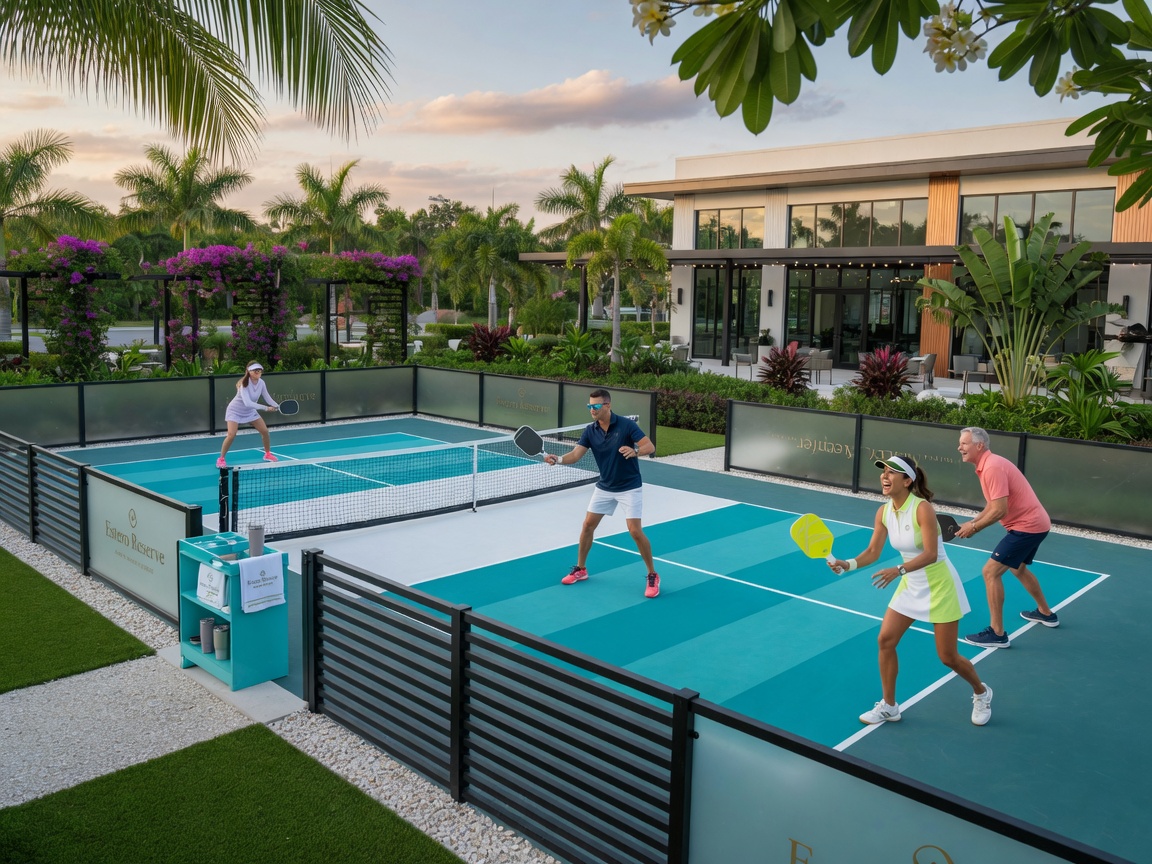 Pickleball courts at a luxury community amenity center in Estero FL with players actively engaged in game, modern fencing and beautiful landscaping, ultra-realistic 8K photograph