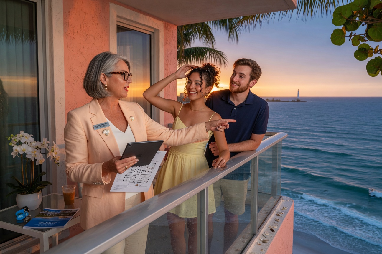 Sanibel Island real estate agent showing condo property to young couple on balcony with ocean view, natural interaction, realistic 8K photography