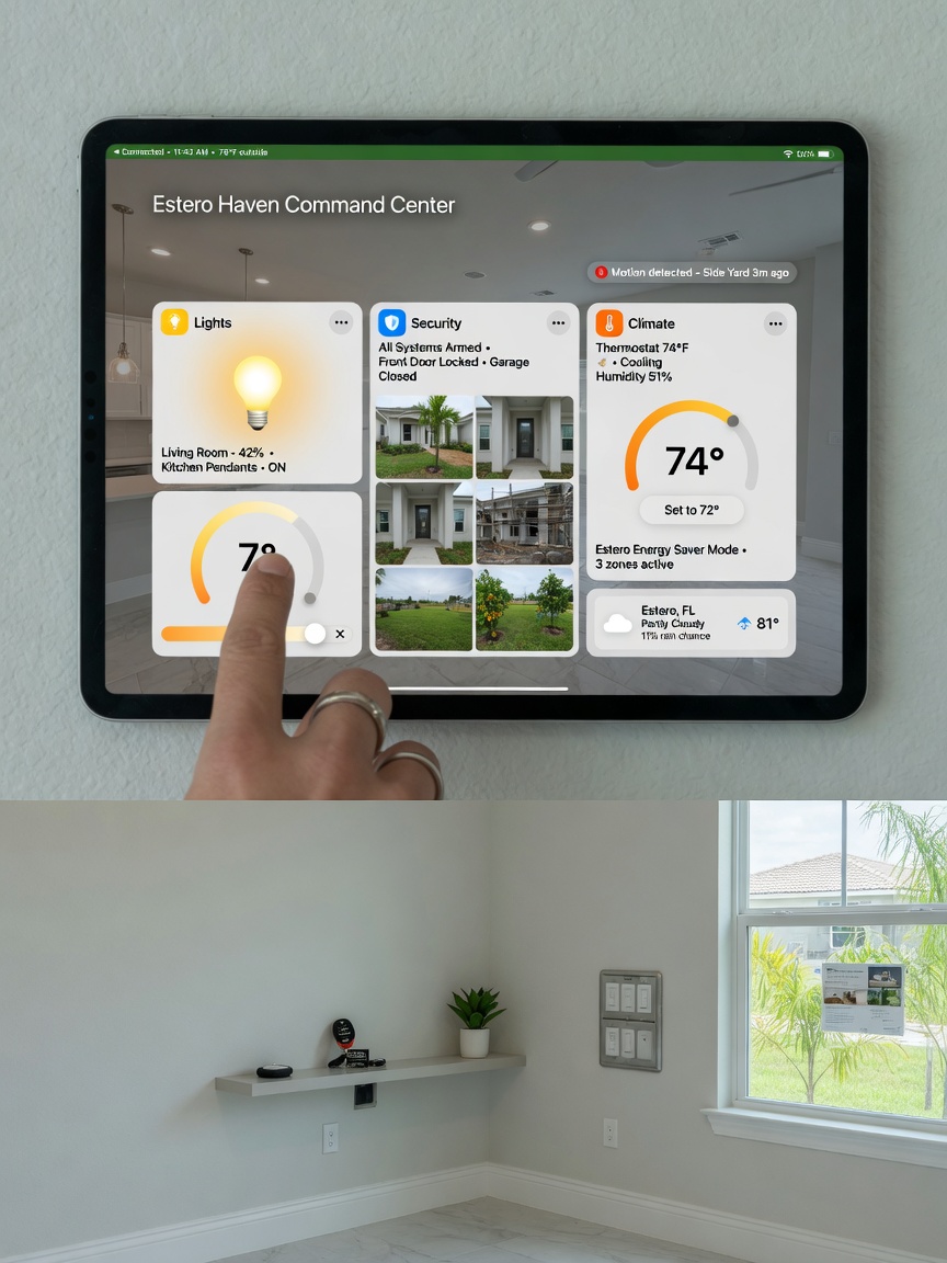 Smart home technology command center showing tablet controlling lights, security, temperature in a new construction Estero Florida home, clean modern interface, 8K detail