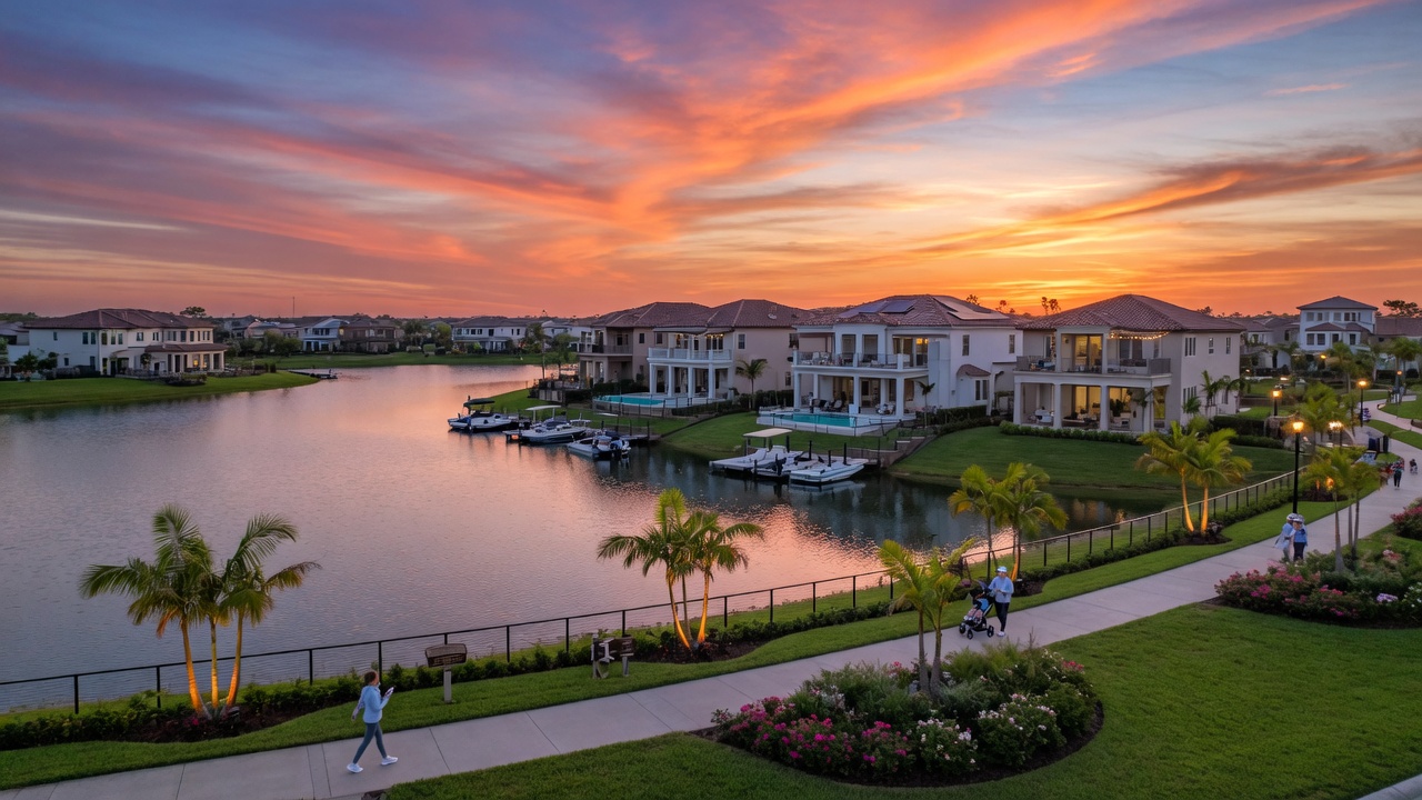 Sunset view over a lake in a master planned community in Estero with beautiful new homes along the shoreline and walking path in foreground, cinematic 8K ultra-realistic image