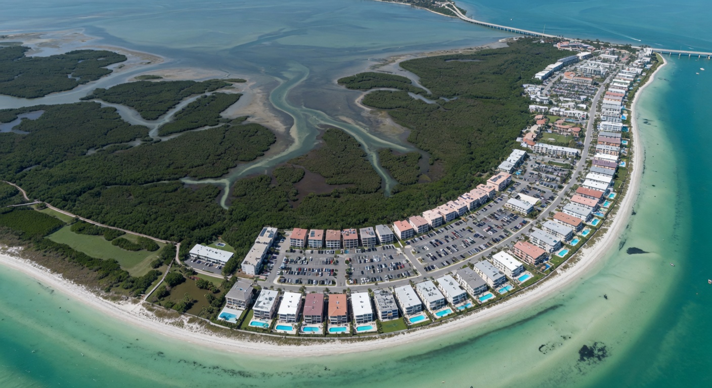 Bird's eye view of Sanibel Island showing the contrast between developed condo areas and preserved natural mangrove forests, crystal clear water, 8K aerial photograph