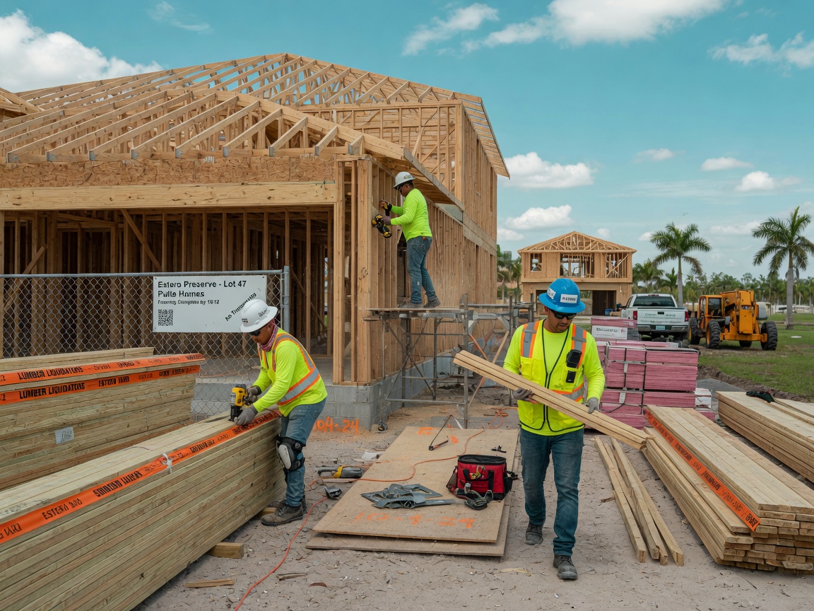 New construction home construction site in Estero FL showing framing stage with workers and building materials, realistic documentation style ultra-detailed 8K image