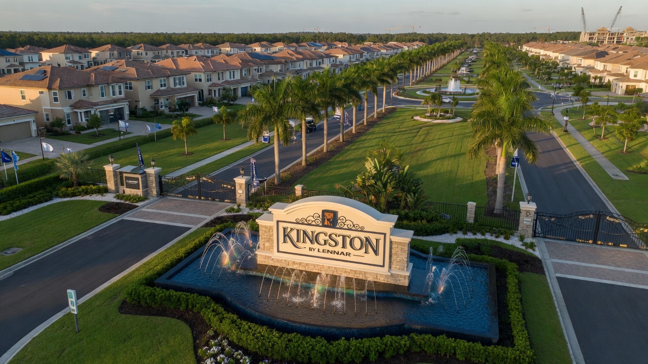 Bird's eye view of Kingston by Lennar community entrance with grand signage, water features, palm trees lining the boulevard and new homes in distance, 8K photorealistic