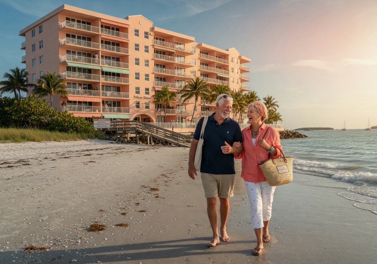 Happy retired couple walking along Sanibel Island beach in front of their beachfront condominium building, casual clothing, warm afternoon sunlight, photorealistic 8K