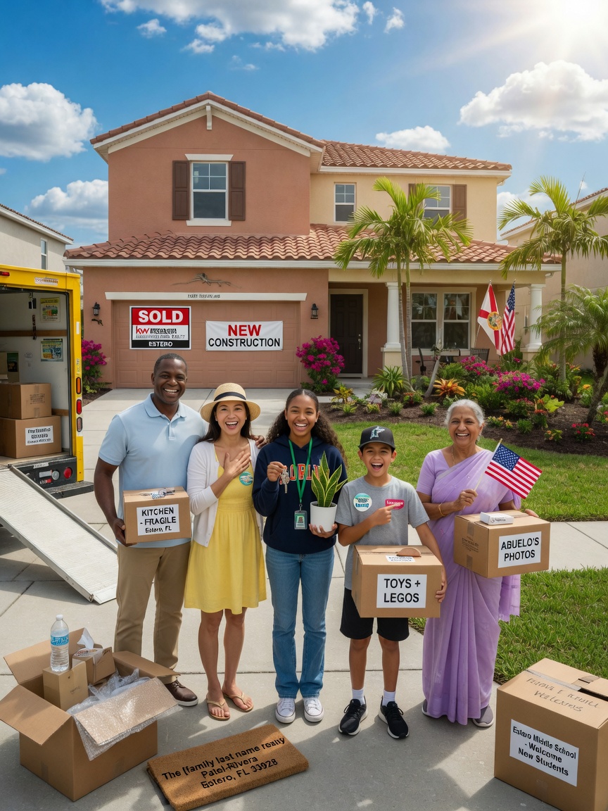 Diverse happy family standing in front of their newly built home in Estero Florida with moving boxes, warm smiles, and bright sunny Florida sky, emotional and realistic 8K portrait