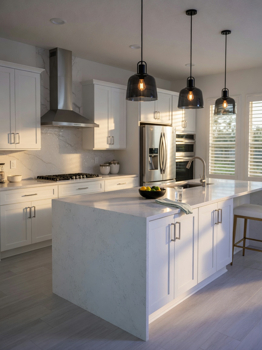 Modern contemporary kitchen interior in a new construction Estero FL home featuring white cabinets, quartz countertops, stainless steel appliances, large island with pendant lighting, ultra-realistic 8K detail