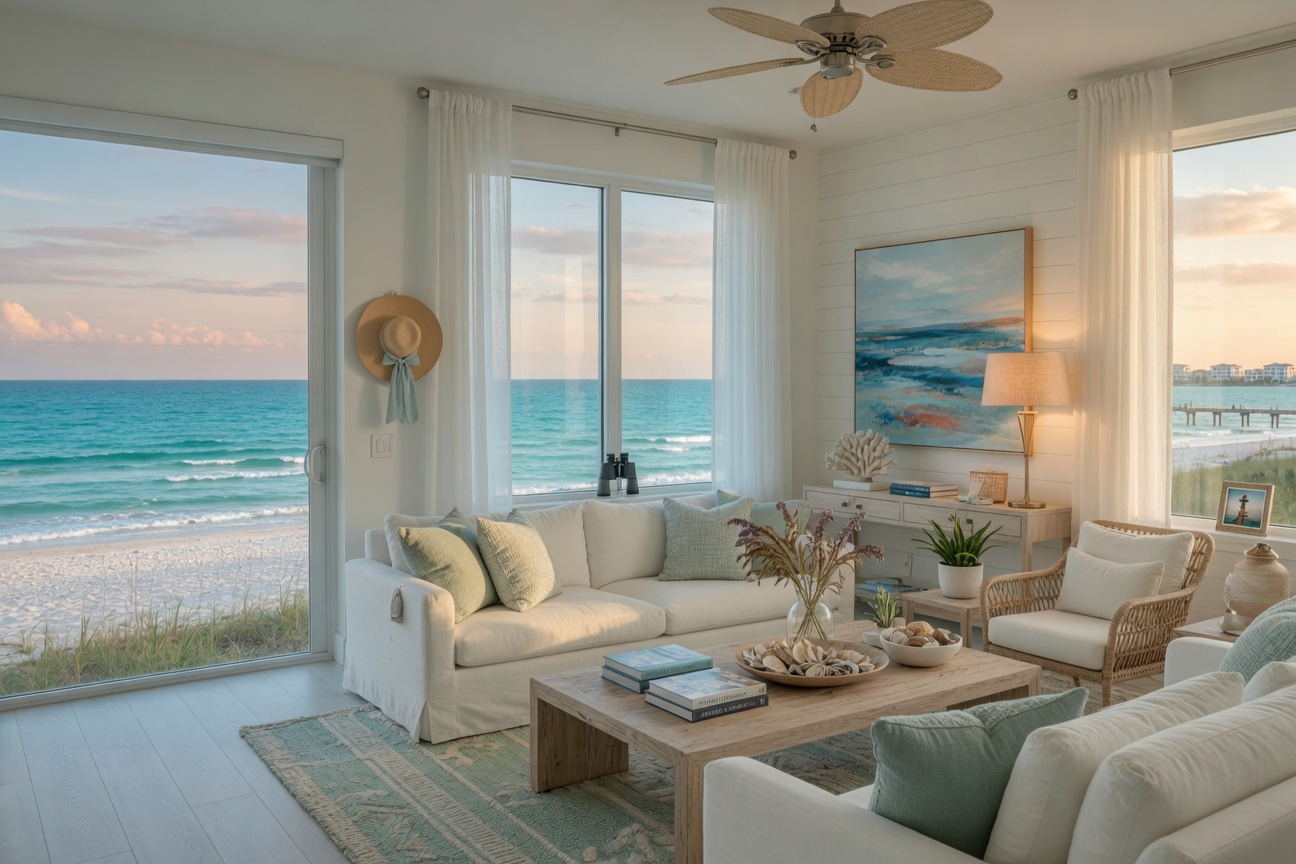 Interior of a modern Sanibel Island condo living room with floor-to-ceiling windows facing the ocean, contemporary coastal decor, light colors, 8K ultra realistic photography