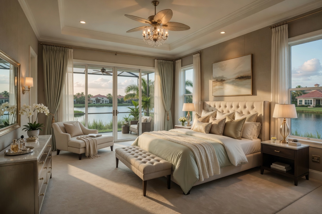 Luxurious primary bedroom suite in a Kingston by Lennar home in Estero with king bed, large windows overlooking lake, elegant furnishings and soft natural lighting, photorealistic 8K image