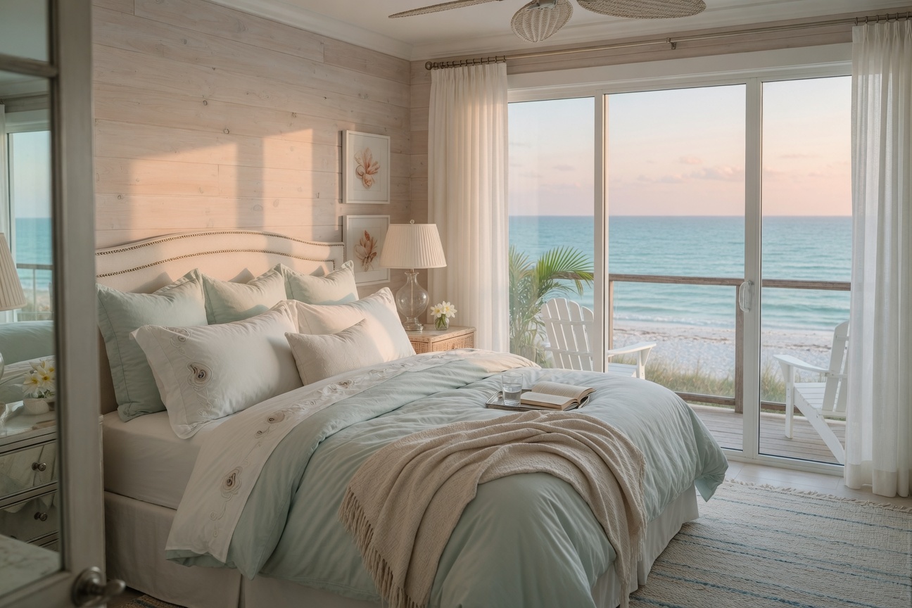 Elegant master bedroom in a Sanibel condominium with king size bed, ocean view through sliding glass doors, soft morning light, luxury linens, hyperrealistic 8K image
