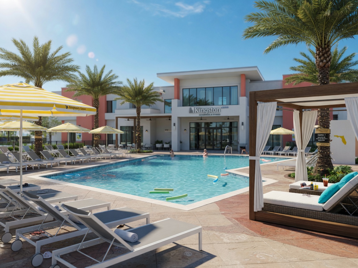 Resort-style swimming pool and cabana at Kingston by Lennar community in Estero Florida with lounge chairs, palm trees, and modern clubhouse in background during sunny day, ultra-realistic 8K
