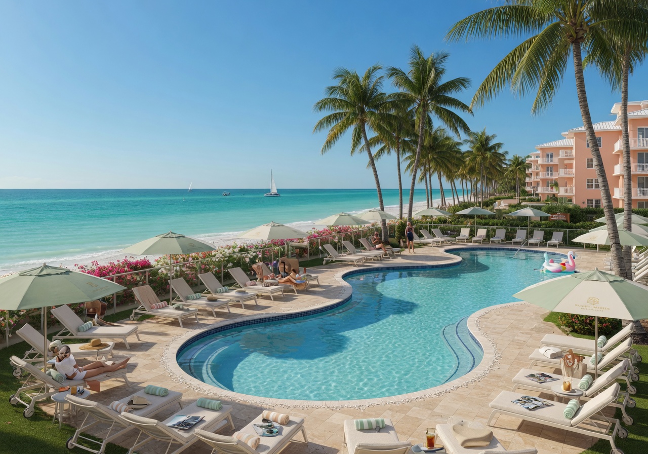 Swimming pool area at a luxury Sanibel Island condo resort with lounge chairs, palm trees, and the Gulf of Mexico in background, sunny day, photorealistic 8K resolution