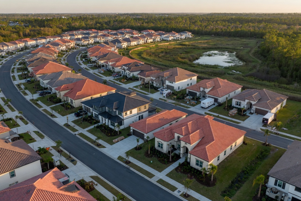 Aerial view of new construction single family homes by Taylor Morrison in Estero FL showing beautiful architectural designs, tiled roofs, and conservation areas, 8K photorealistic rendering