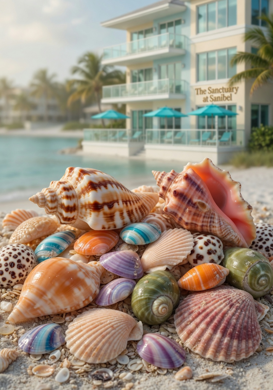 Close-up of various colorful seashells collected on Sanibel Island beach with a luxury beachfront condo building visible in soft focus background, 8K detail