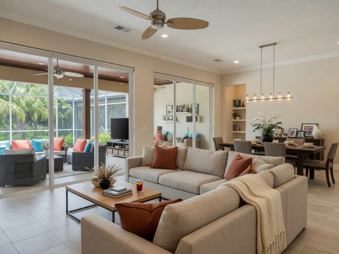 Spacious open concept living room and dining area in a Pulte home in Estero with large sliding glass doors leading to covered lanai, modern furniture and warm color palette, ultra detailed 8K