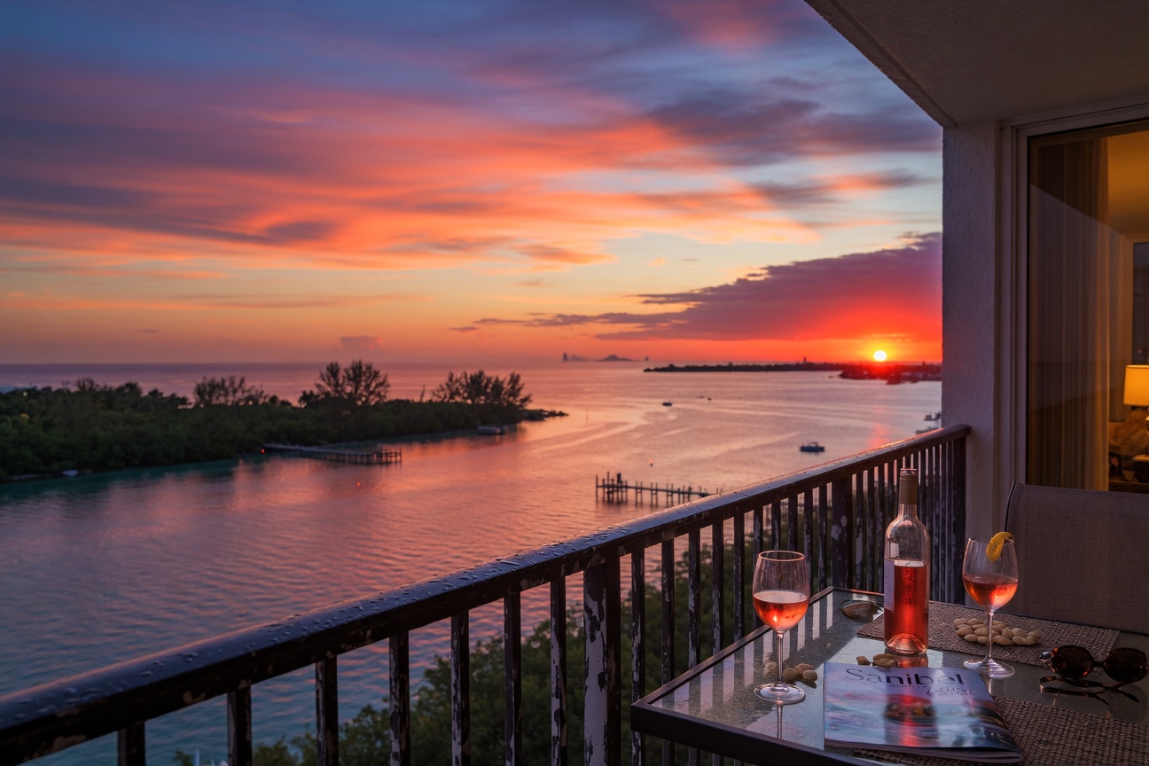 Sunset view from a high-rise Sanibel condo balcony with wine glasses on table, dramatic sky colors reflecting on water, ultra realistic 8K photograph