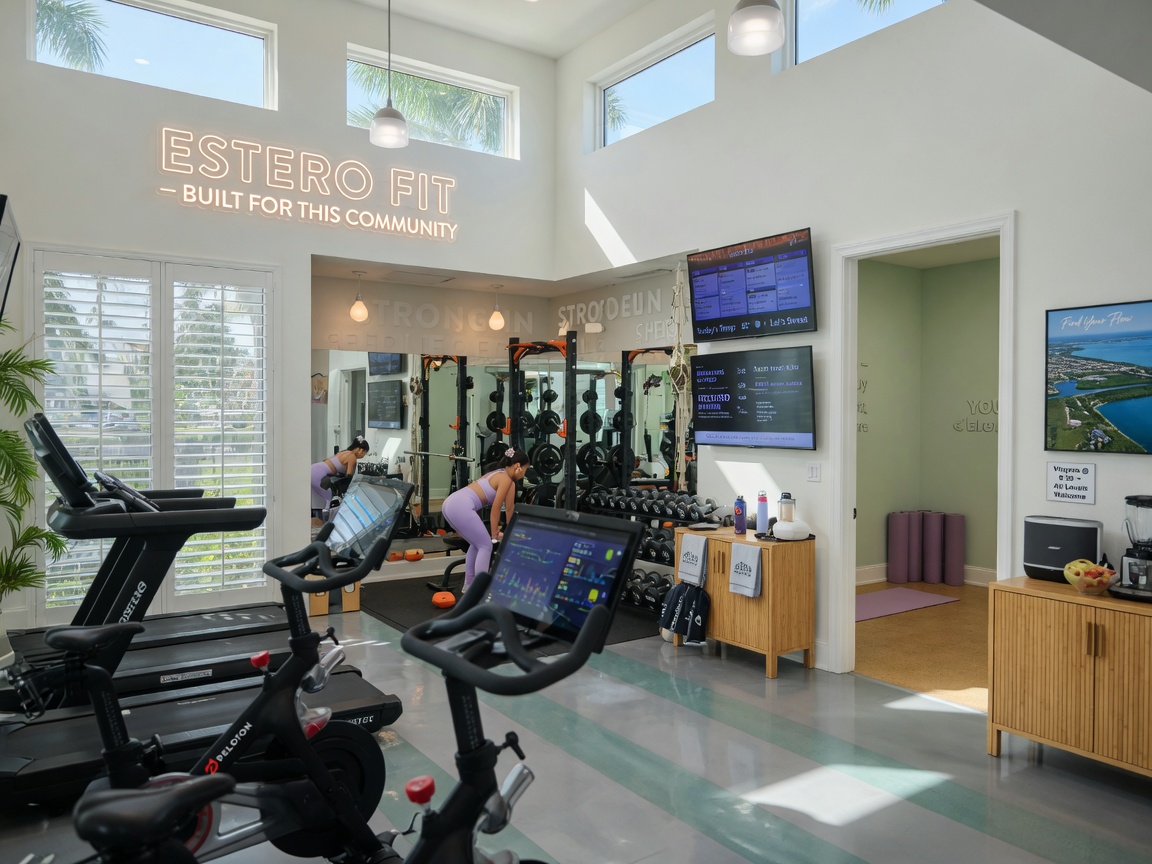 Modern fitness center interior at a new Estero Florida community clubhouse with cardio equipment, weights, yoga studio, bright natural lighting and motivational atmosphere, 8K realistic image