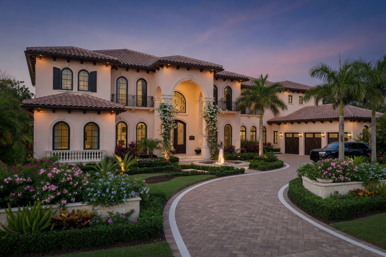Beautifully designed exterior of a Kolter Homes luxury residence in Estero FL with lush landscaping, driveway, and elegant architectural details at twilight, ultra-realistic 8K photography