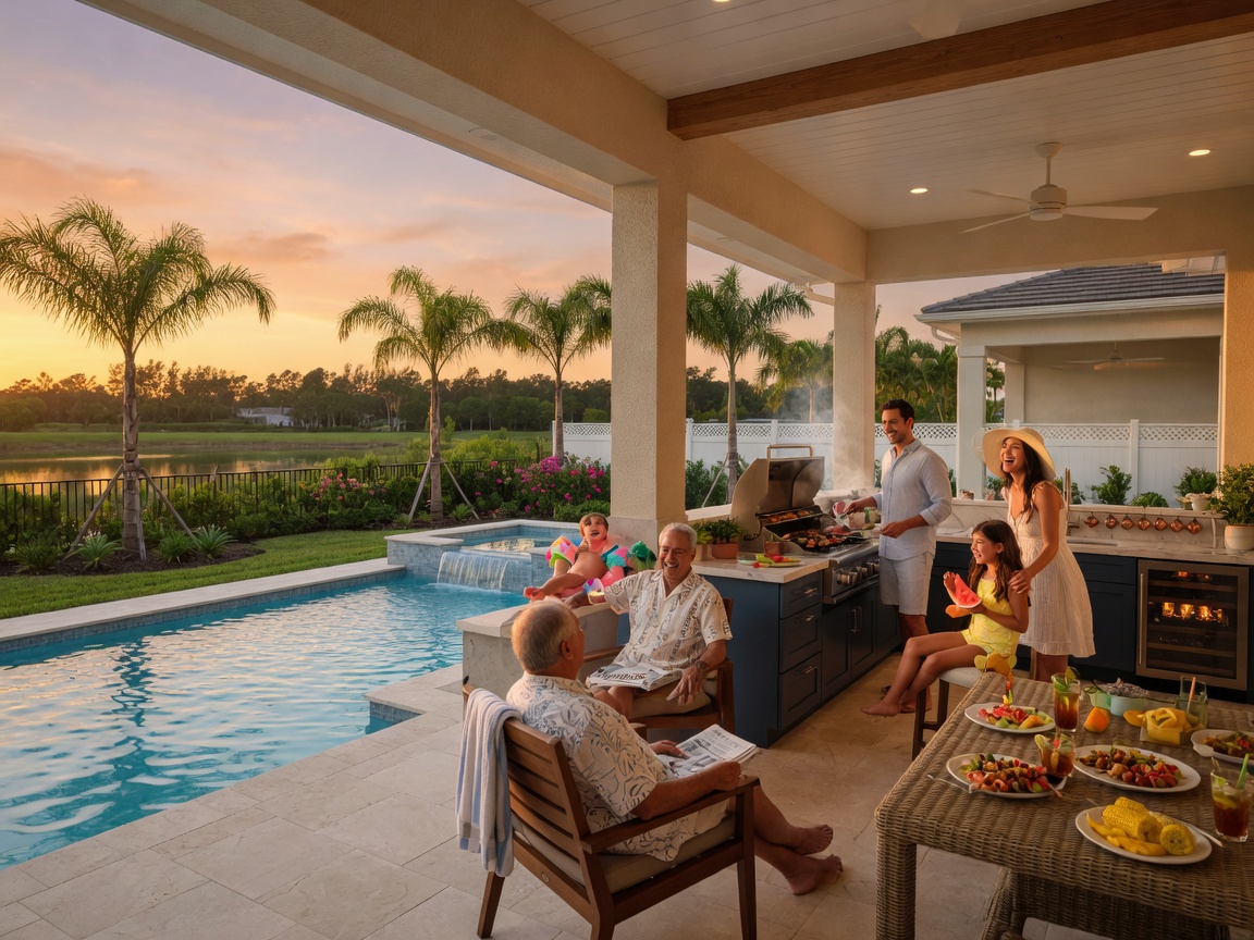 Family enjoying outdoor living on a covered lanai with summer kitchen and pool in a new construction Estero home, golden hour lighting with beautiful Florida landscape, photorealistic 8K