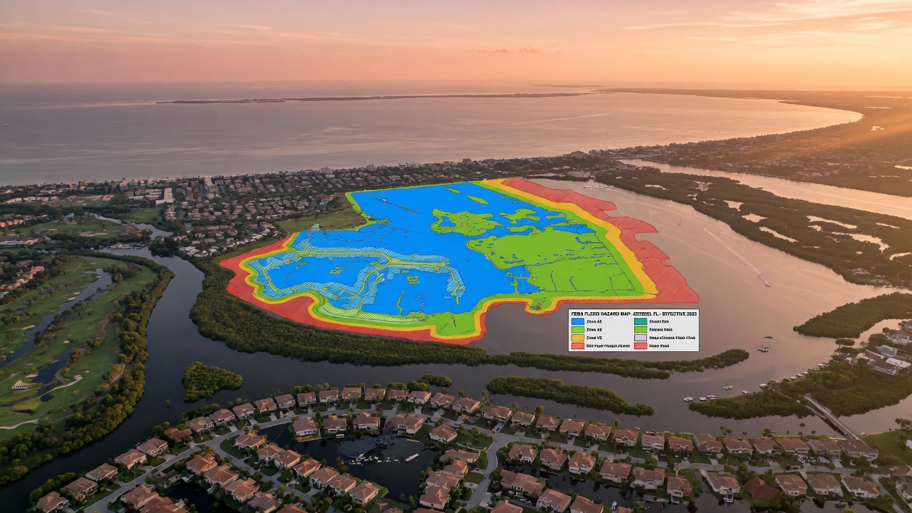 Ultra-realistic 8K aerial view of Estero Florida landscape showing flood zones with color-coded FEMA overlays, rivers, residential communities, and Gulf of Mexico in background during golden hour lighting