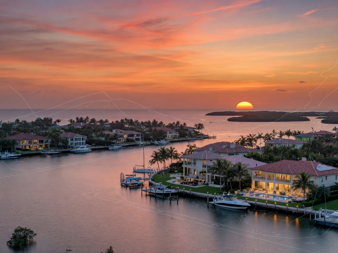 Beautiful sunset over Estero Bay with luxury homes in background and subtle flood zone boundary lines overlaid, serene yet informative mood