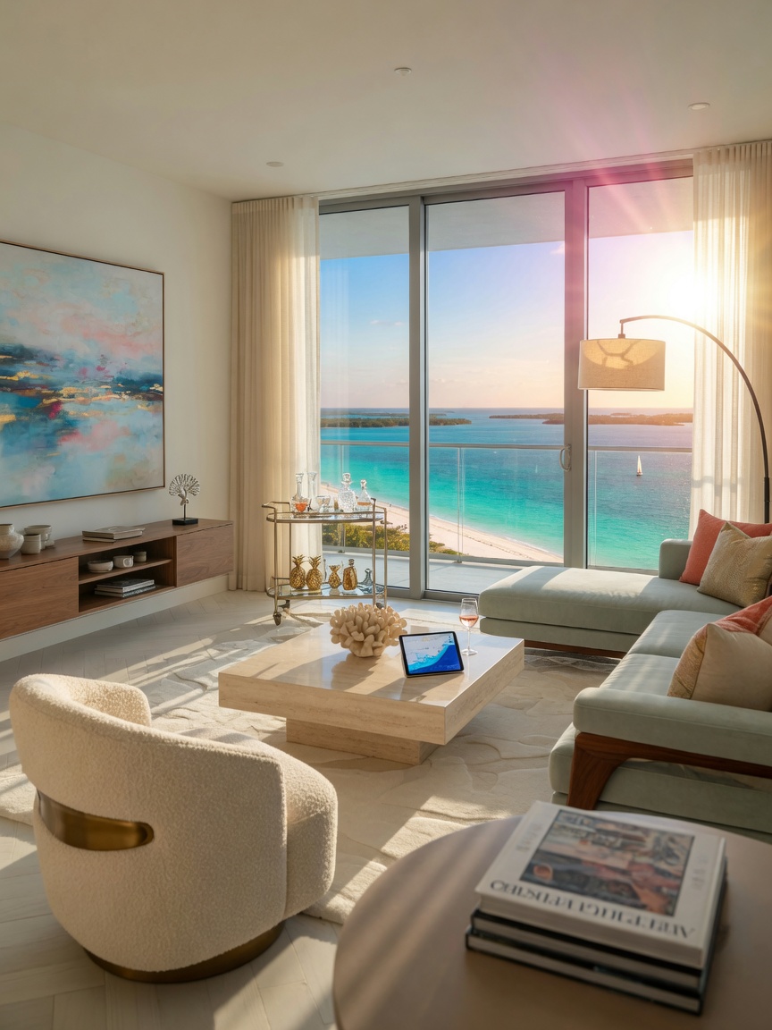 Modern Estero Florida condo interior with gulf view, high-end furnishings and natural light, 8K photorealistic image