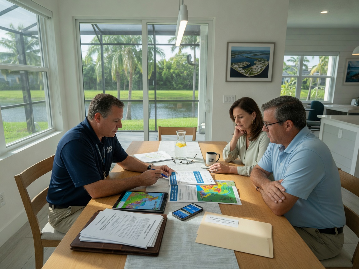 Insurance agent discussing flood policy with couple at dining table inside modern Estero home, natural lighting, realistic lifestyle scene