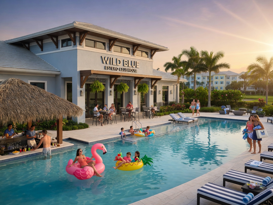 Community clubhouse and resort pool at Wild Blue Estero with people enjoying amenities, lifestyle 8K ultra-realistic photography