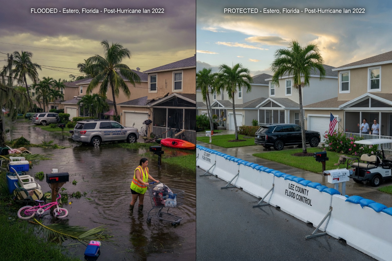 Before and after split image showing flooded vs protected community in Estero Florida after major storm event, realistic photography