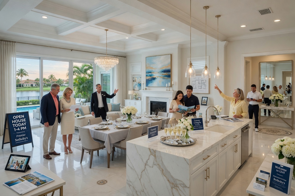 Open house event at luxury Estero FL home with elegant interior staging and prospective buyers, realistic 8K photography
