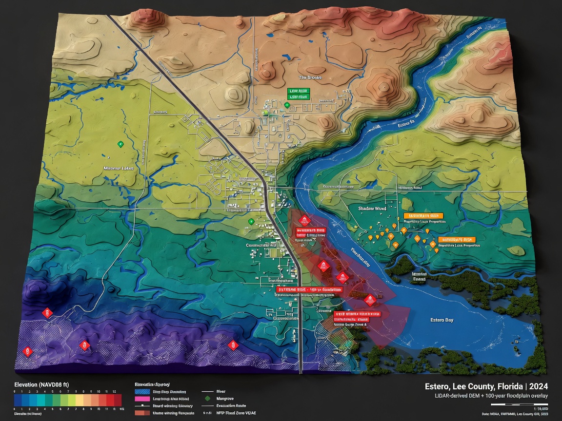 Detailed 3D topographic map of Estero Florida showing elevation changes, rivers, and neighborhoods with risk indicators, scientific visualization style