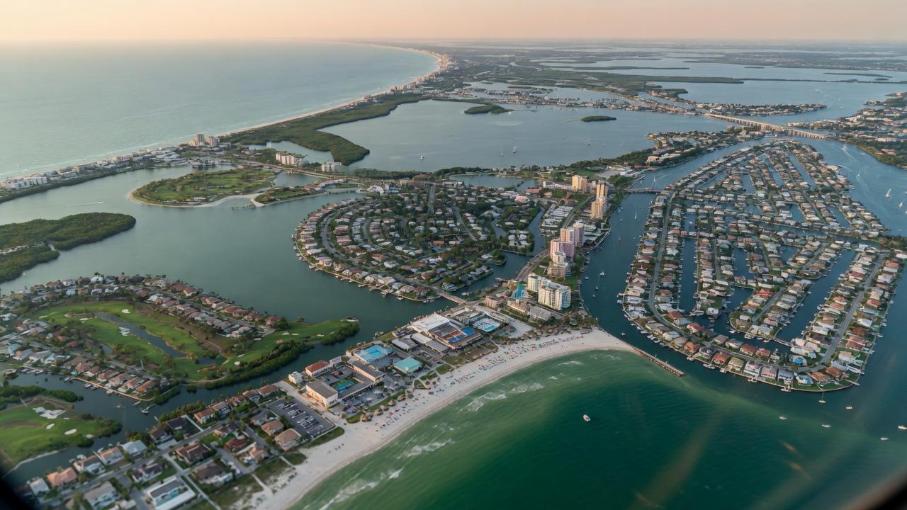 Southwest Florida real estate aerial view showing Estero, Bonita Springs and Cape Coral communities with coastline, 8K cinematic image