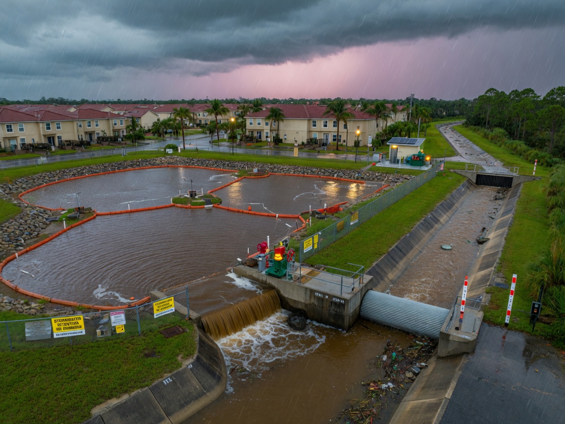 Community stormwater management system with retention ponds and drainage canals in Estero FL during heavy rain, engineering focused shot