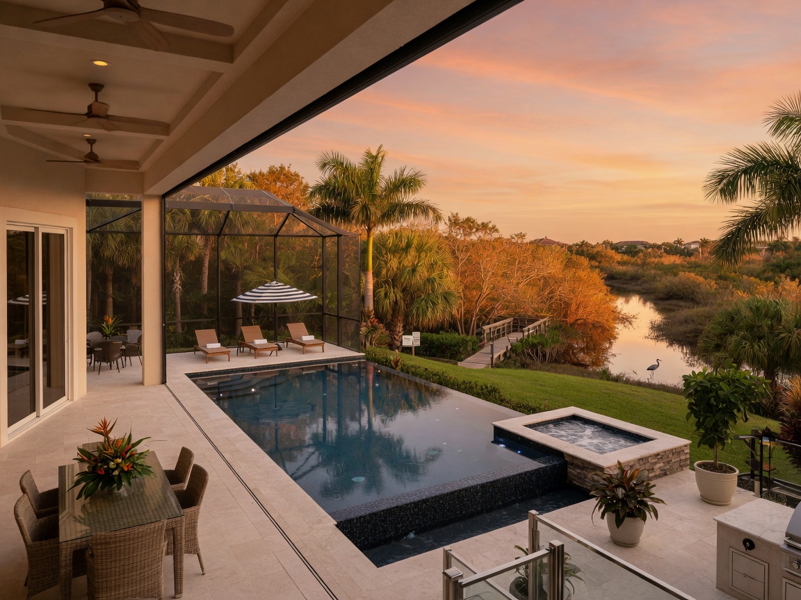 Private lanai with pool overlooking nature preserve in Estero Florida luxury home, golden hour 8K ultra-realistic real estate photo