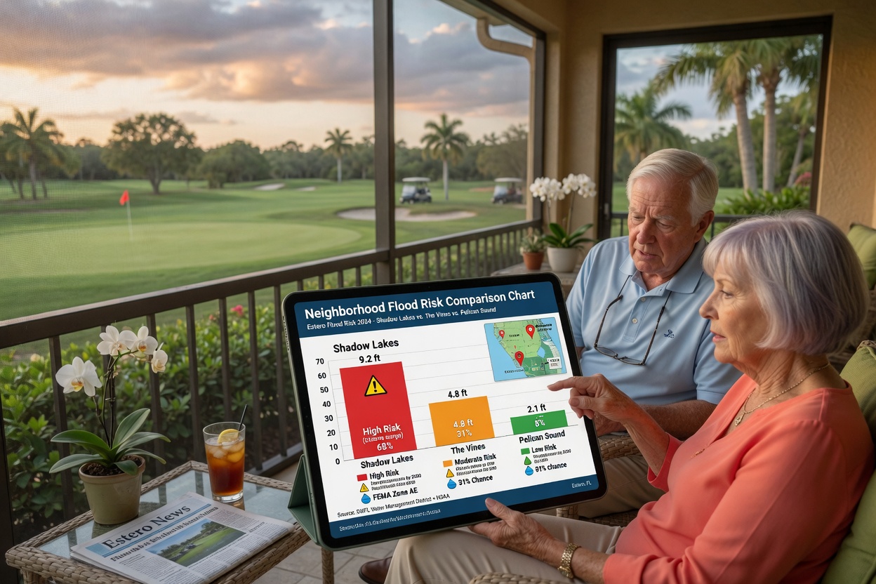 Senior couple reviewing neighborhood flood risk comparison chart on tablet computer while sitting on lanai overlooking golf course in Estero