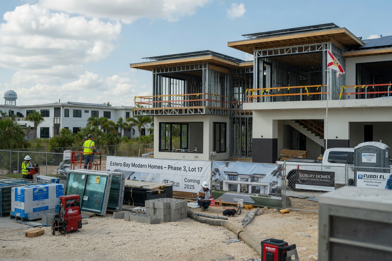 New construction home building site in Estero FL with modern architecture taking shape, documentary style 8K photography