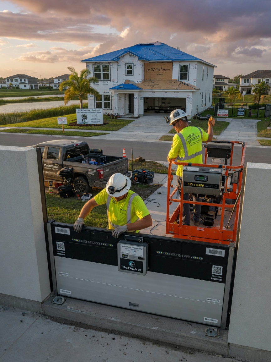 Construction workers installing smart flood protection features on new home in The Preserve community Estero Florida, documentary style