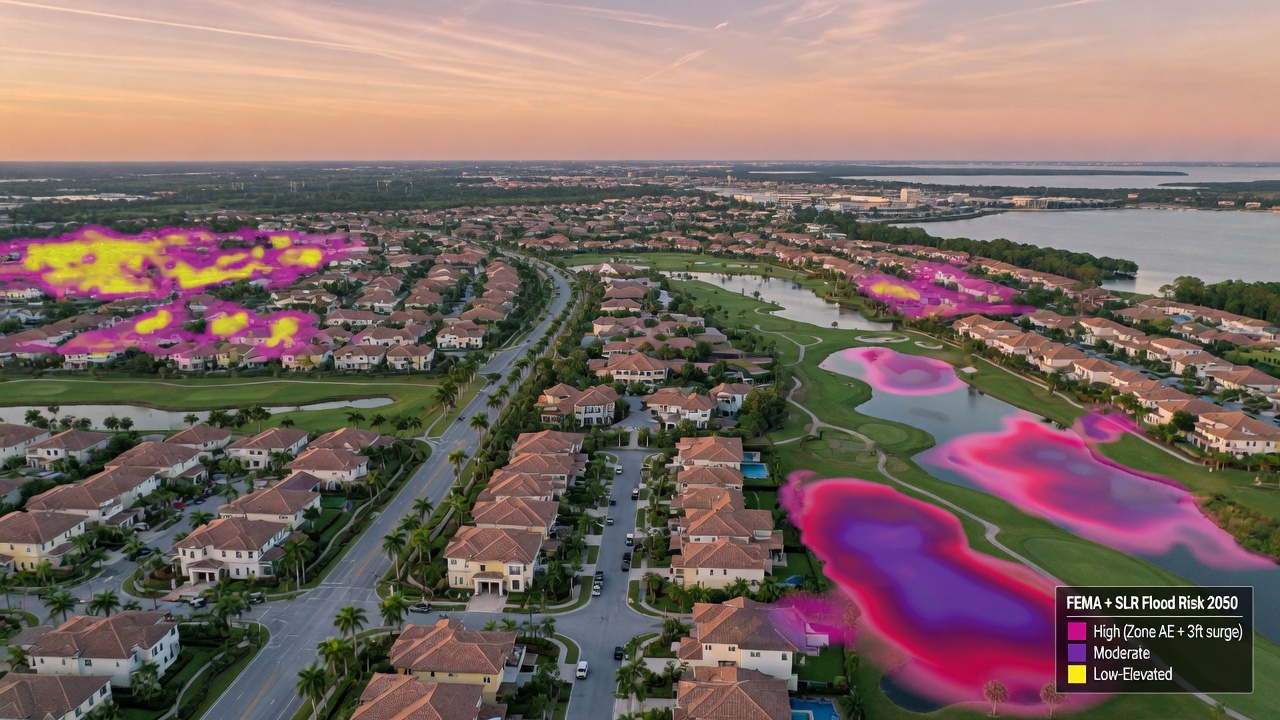 Panoramic view of Estero Florida skyline with multiple master-planned communities, overlaid with transparent flood risk heatmap, 8K resolution