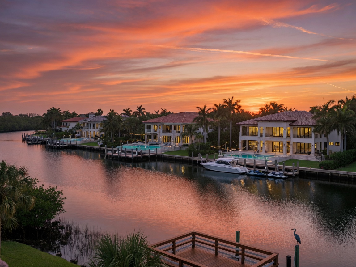 Scenic sunset over Estero River with luxury waterfront homes in background, atmospheric 8K landscape photography
