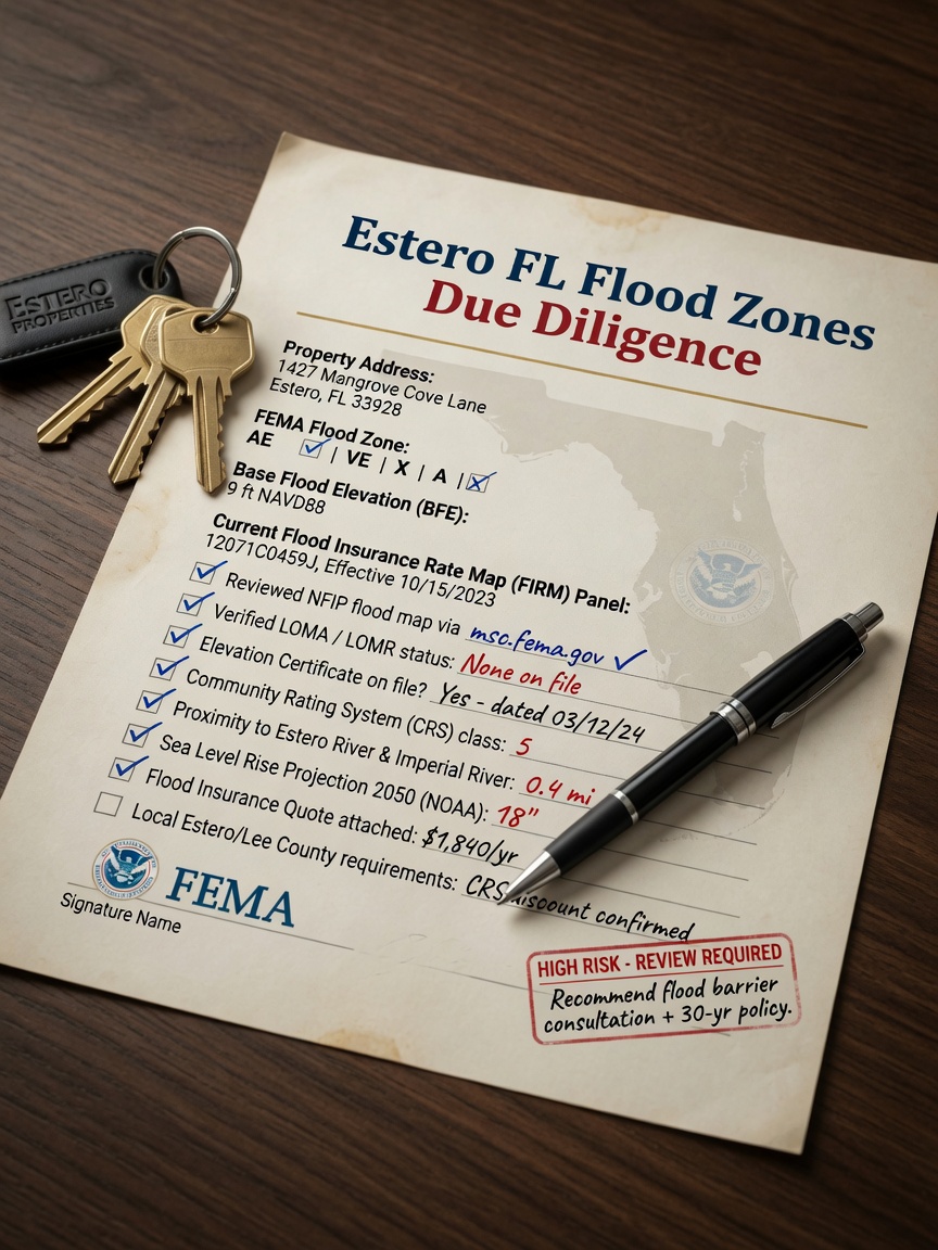 Professional real estate buyer checklist document titled 'Estero FL Flood Zones Due Diligence' with pen and keys on dark wood background