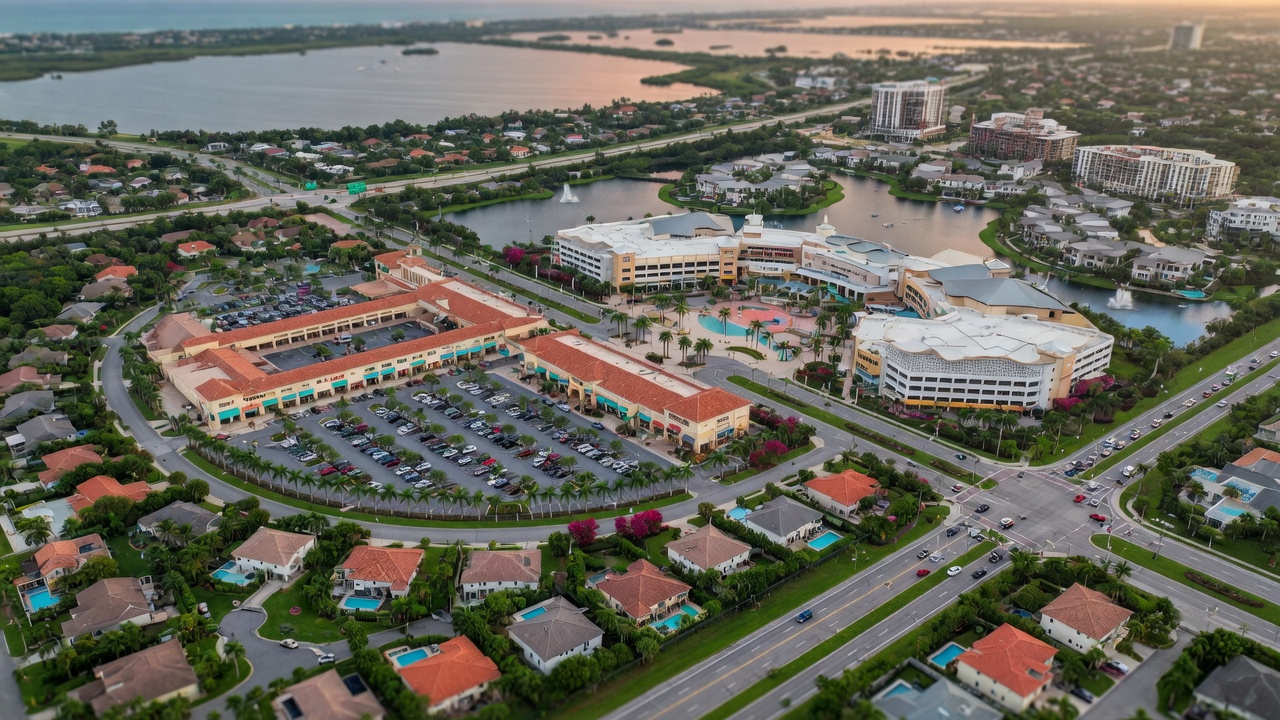 Miromar Outlets and Coconut Point Mall area in Estero Florida with surrounding residential communities, aerial 8K ultra-realistic view