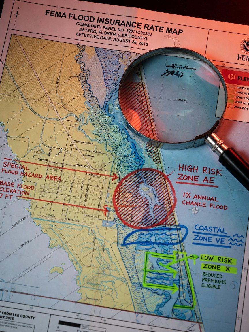 Professional close-up of a detailed FEMA flood insurance rate map focused on Estero FL with magnifying glass highlighting different risk zones in red, blue and green