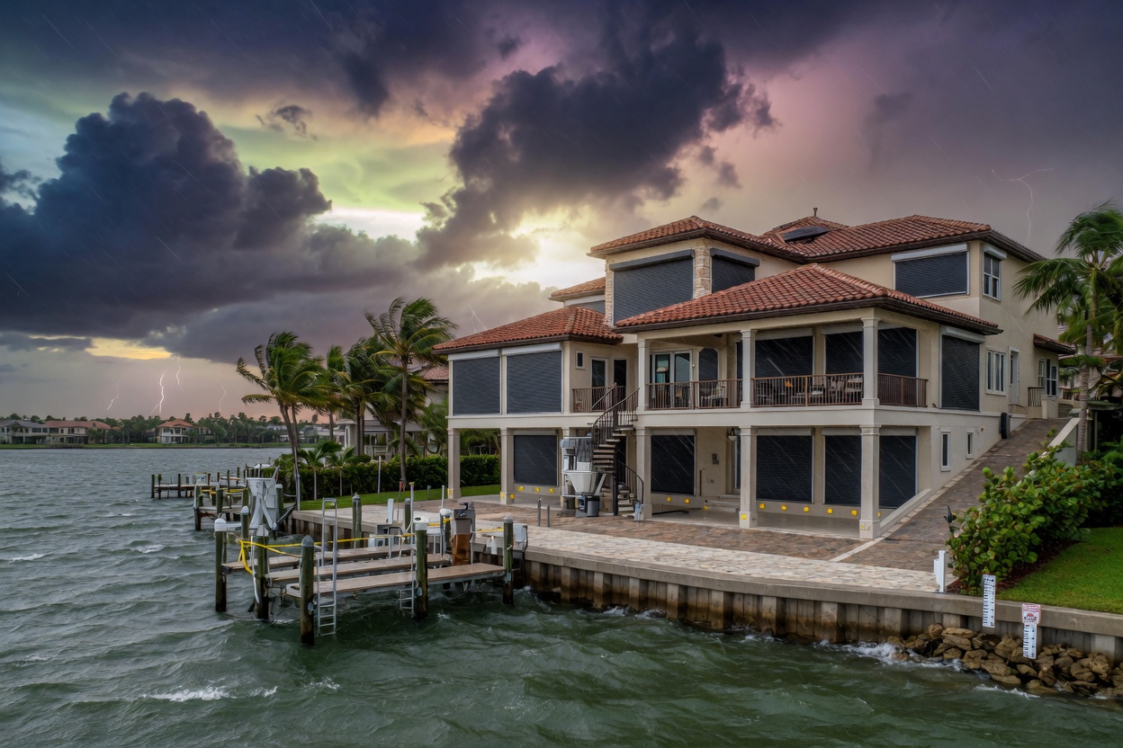 Luxurious elevated waterfront home in Miromar Lakes Estero Florida with storm shutters, dramatic stormy sky and flood protection features, ultra-realistic 8K