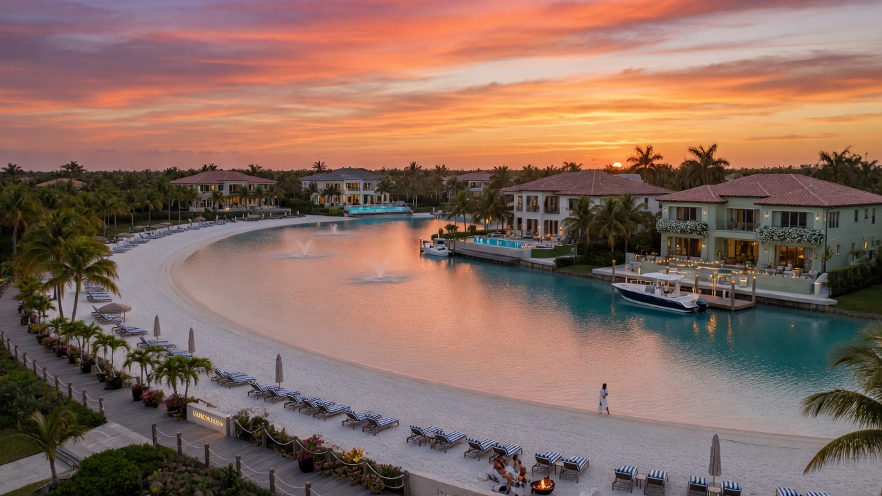 Resort-style lagoon with white sand beach and luxury homes at Wild Blue Estero Florida, cinematic 8K real estate photography during sunset
